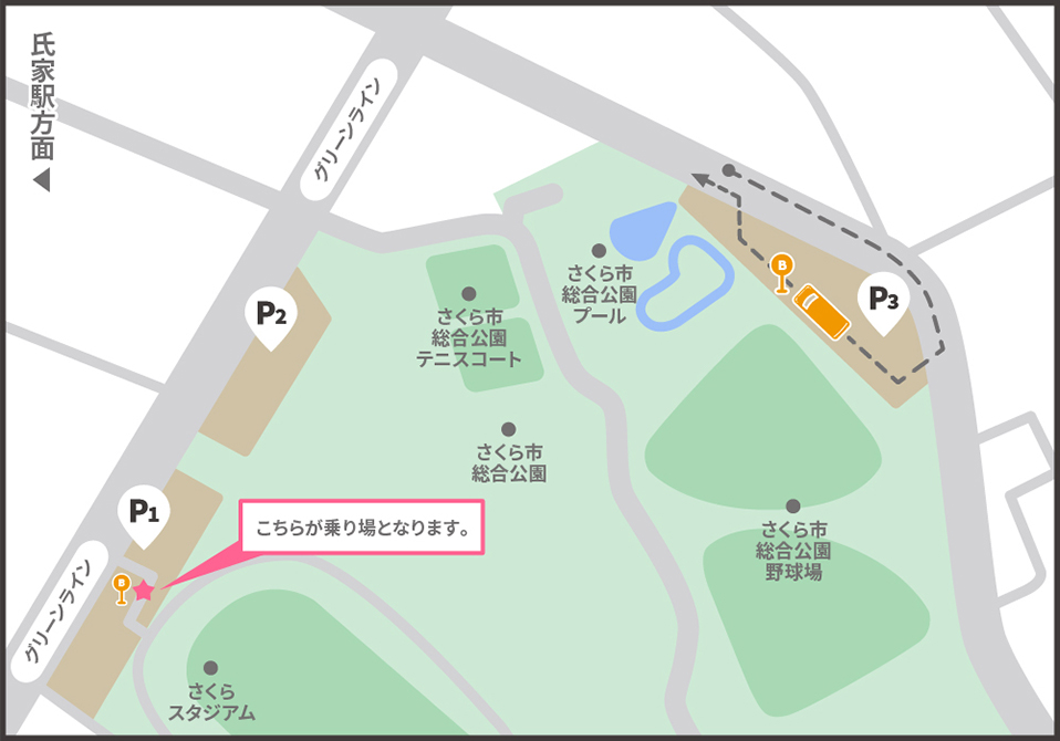 さくら市総合公園の駐車場とバス乗り場のご案内